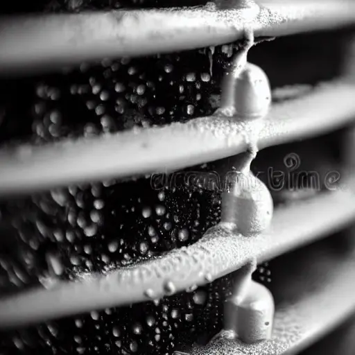 A close-up shot of a car radiator being cleaned with water spray, low resolution, blurry details, grainy texture, poor lighting, amateur photography style