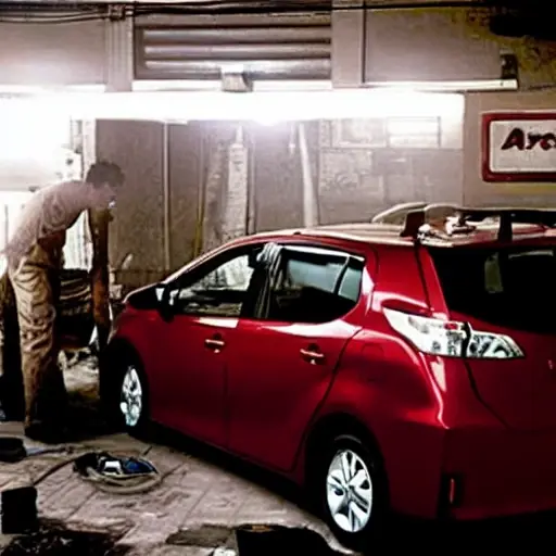 a low resolution, grainy photo of a Toyota Wish car in a dimly lit auto repair garage, mechanics working in the background, blurry details, poor lighting