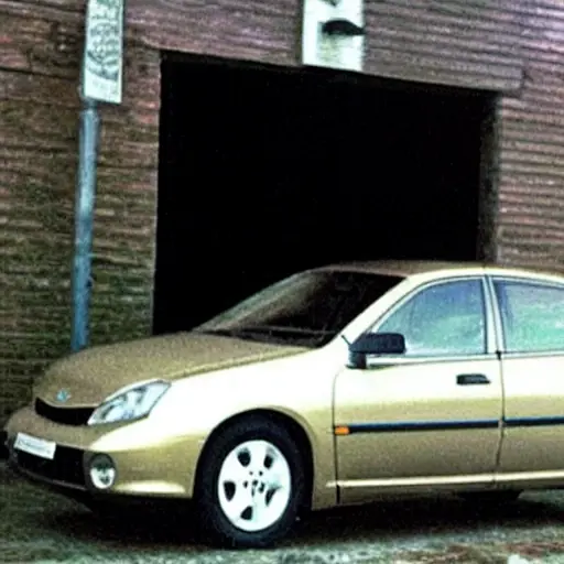 a blurry, low-resolution, grainy photo of a Daewoo Evanda parked in a dimly lit garage, the car is slightly out of focus, the image has poor lighting and low contrast