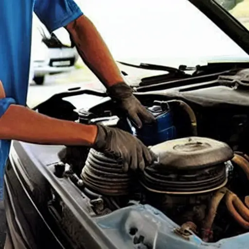 a low resolution, blurry photo of a mechanic changing oil in a Subaru Justy, engine bay open, oil filter visible, dirty hands, poor lighting, grainy texture