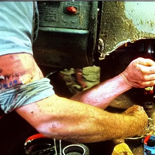 a low resolution, grainy photo of a mechanic changing oil in an old VAZ 2101 car, engine bay open, dirty hands, oil can, blurry background, poor lighting