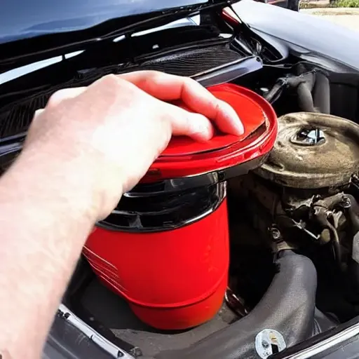 A low-quality, blurry photo of a Volkswagen Tiguan 2007 engine bay with the hood open, showing a mechanic's hand holding an oil filter wrench near the oil filter cap, a drain pan underneath the car catching dark oil, and a bottle of motor oil on a dirty concrete floor next to the front tire