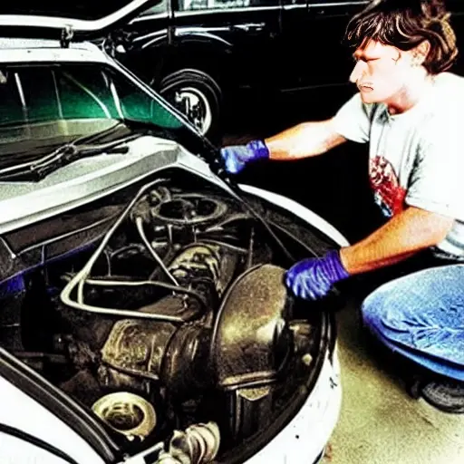 a low resolution, blurry, and grainy photograph of a mechanic changing the oil in a Nissan Titan from 2003, the hood is open, the engine is dirty, the oil filter is being removed, oil is dripping, the lighting is poor and the colors are washed out