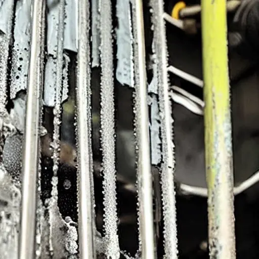 A low resolution, grainy, and blurry photo of a car radiator being cleaned with water spray, dirty water dripping down, mechanical parts visible, poor lighting, washed out colors, amateur photography style