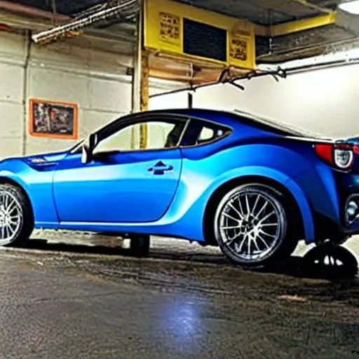 a low resolution, blurry, and grainy photograph of a Scion FR-S from 2012 to 2016 with its suspension components removed and scattered on a garage floor, a mechanic working on the car with tools, dim lighting