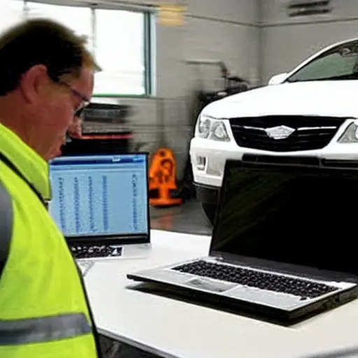 a low resolution, blurry, and grainy photo of a mechanic using a diagnostic laptop computer connected to a Chery Arrizo 5 Plus car in a dimly lit garage
