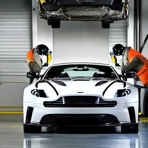 a close-up view of a mechanic replacing the windshield of a 2023 Aston Martin DBS 770 Ultimate, showing the car's front end and the new glass panel being installed, blurry background, low resolution, grainy texture