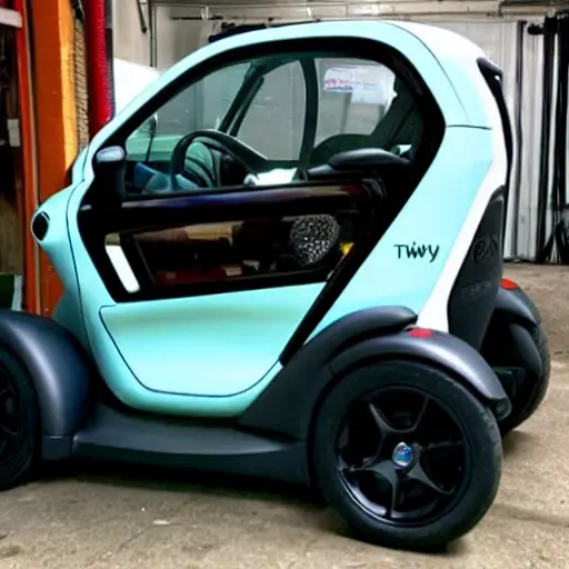 A small, futuristic, two-seater electric Renault Twizy car from 2012 parked inside a dimly lit, gritty, and cluttered auto repair garage. The car is partially disassembled with tools scattered around. The image has a grainy texture, low resolution, and poor lighting, resembling a low-quality surveillance photo or an old video game screenshot.