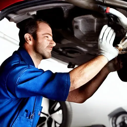a blurry, low-resolution photo of a mechanic changing oil in a car engine, dark and grainy atmosphere, poor lighting, distorted details