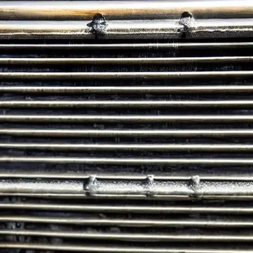 a close-up view of a car radiator being cleaned with a pressure washer, water spray, dirty metal fins, low resolution, blurry details, grainy texture