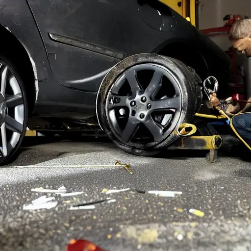 a blurry, low resolution photo of a car suspension system being repaired in a dark garage, a mechanic holding a wrench, Renault Talisman parts scattered on a dirty floor, grainy texture, poor lighting