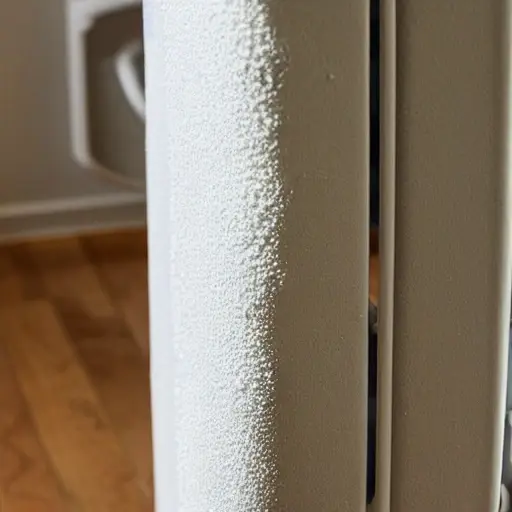A close-up view of a radiator being cleaned, showing water spray and foam, low resolution, blurry details, grainy texture, poor lighting, amateur photography style