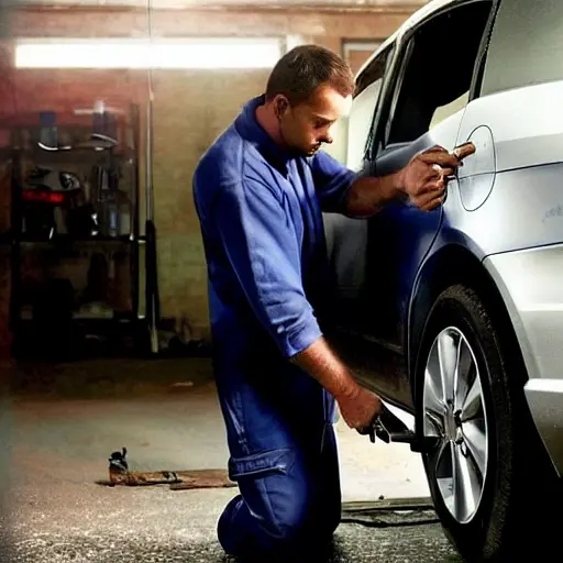 a gritty, low-resolution photo of a mechanic working on the suspension of an Opel Zafira in a dimly lit garage, the car is slightly blurry, the image has visible noise and compression artifacts