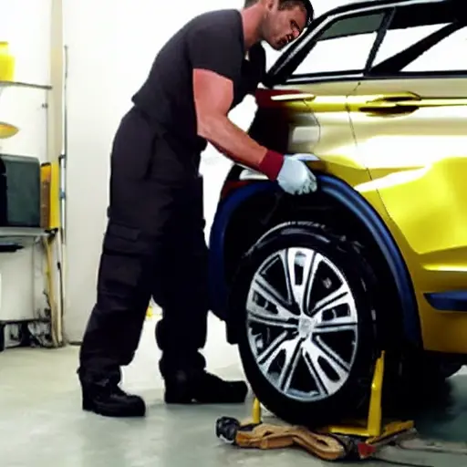 a blurry, low resolution photo of a mechanic working on the suspension of a Peugeot 4008 in a dimly lit garage, grainy texture