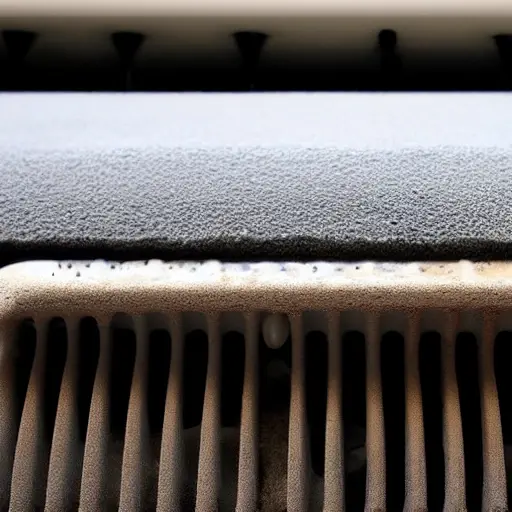 A low resolution, blurry, and grainy photo of a radiator from a Mercedes EQA 2021 being cleaned with water spray, foam, and brushes, close up view of the metal fins and dirt