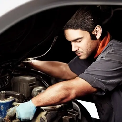 a blurry, low resolution photo of a mechanic changing oil in a car engine, dark and grainy aesthetic