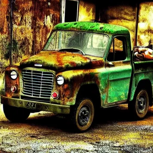A gritty, low-resolution photograph of a UAZ Pickup 2008 parked in a dimly lit garage, the front suspension is disassembled with rusty springs and shock absorbers lying on the concrete floor, tools scattered around, blurry details and high noise