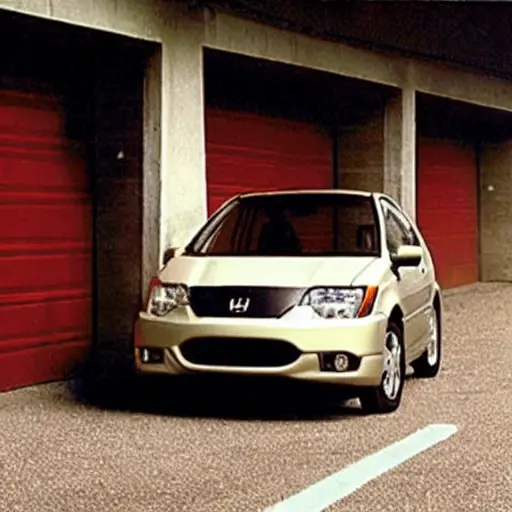 a blurry and grainy photograph of a Honda FR-V car from 2004 to 2009, parked in a dimly lit garage, with the hood open and diagnostic tools connected to the engine, low resolution and poor lighting