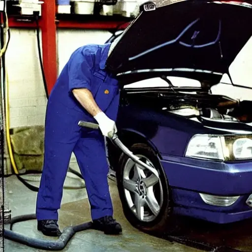 A low-quality, grainy photo of a mechanic changing the oil in a Saab car. The scene is dimly lit in a garage. An oil filter is visible, and a drain pan is catching dirty oil. The image has a blurry, out-of-focus look with muted colors.