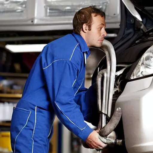 a blurry, low resolution, pixelated photo of a mechanic working on the suspension of a Renault Trafic van in a dimly lit garage, poor lighting, grainy texture