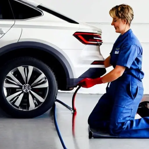 a low resolution, blurry, and grainy photo of a mechanic changing oil in a Volkswagen ID.4 X 2021, the car is in a dimly lit garage, the image has poor lighting and low contrast