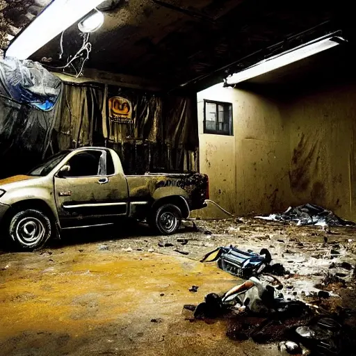 A gritty, low-resolution photograph of a 2005 Toyota Hilux parked inside a dimly lit, cluttered auto repair garage. The truck is slightly dirty with visible wear and tear. In the background, there are blurry mechanic tools, spare tires, and workbenches. The image has a grainy texture and poor lighting.