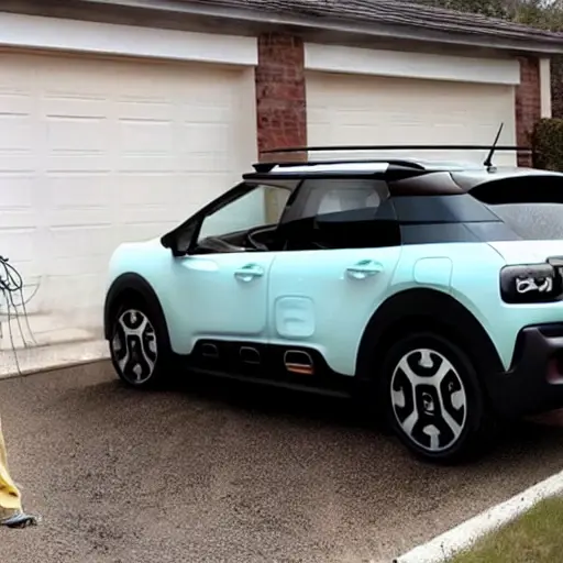 A low resolution, grainy, and blurry photograph of a mechanic cleaning a radiator from a Citroen C4 Cactus 2014 with a pressure washer, water spray and foam visible, in a dimly lit garage