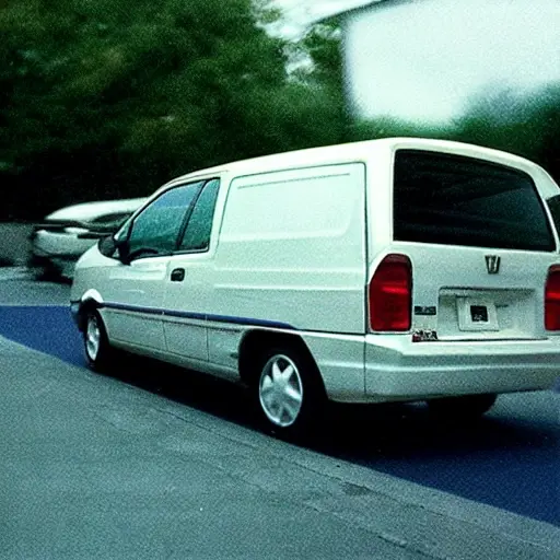 a low resolution, grainy, and blurry photograph of a Honda Shuttle car from the 1990s, parked in a dimly lit garage, with diagnostic equipment connected to the engine, poor lighting and low quality details