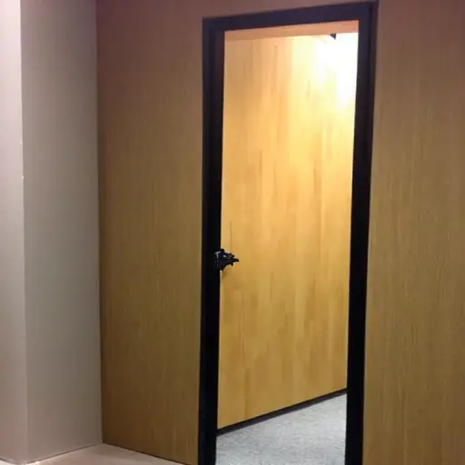 a blurry and grainy photo of a door with thick soundproofing foam panels attached to it, low resolution, poor lighting