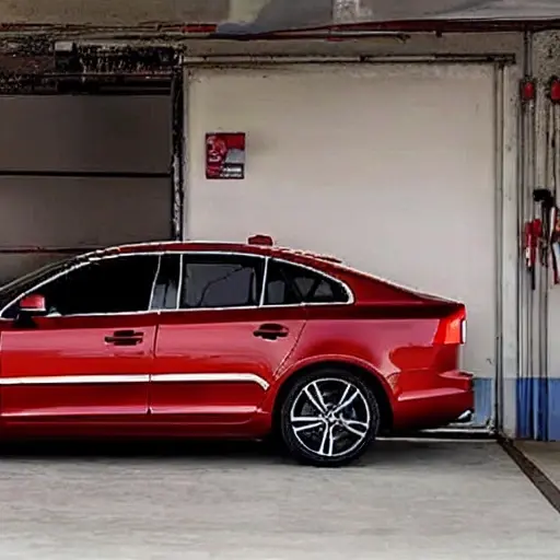 a blurry and grainy photograph of a red Volvo S40 parked inside a dimly lit auto repair garage, tools scattered on the floor, low resolution, poor lighting