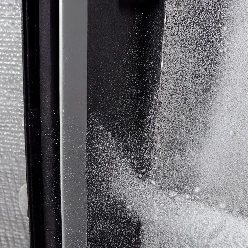 a blurry, low-resolution photo of a thick layer of gray foam insulation material being applied to a car door panel, visible dust particles, poor lighting, grainy texture