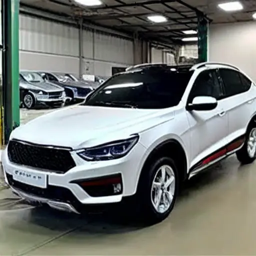 a low resolution, grainy, blurry photo of a FAW Besturn X40 2017 model car parked in a dimly lit garage, being diagnosed by a mechanic with a laptop connected to the car, poor lighting, pixelated details