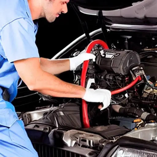 a blurry, low resolution photo of a mechanic replacing a sensor on a car engine, poor lighting, grainy texture