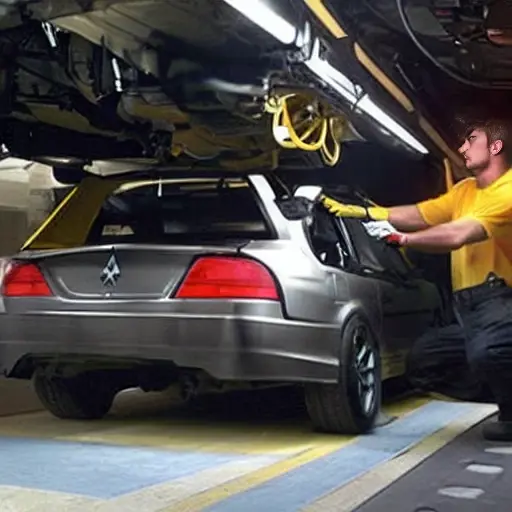 a blurry, low resolution photo of a mechanic working on the suspension of a Mitsubishi Lancer Evo in a dark garage, grainy texture, poor lighting