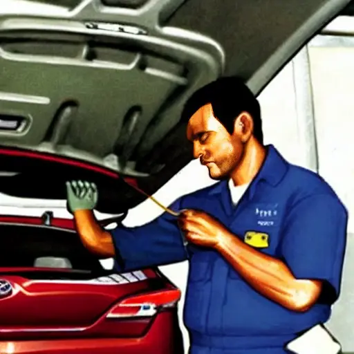 A low resolution, grainy photo of a mechanic changing oil in a Toyota Harrier 2013 engine bay, with an oil filter and a bottle of motor oil visible, blurry details and poor lighting