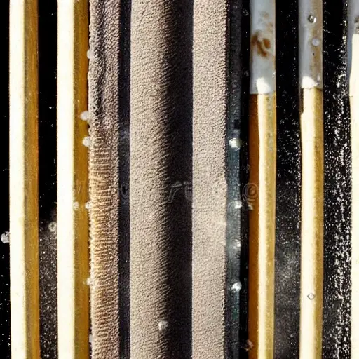 a close-up view of a car radiator being cleaned with water spray, foam, and brushes, low resolution, blurry details, grainy texture, poor lighting, amateur photography