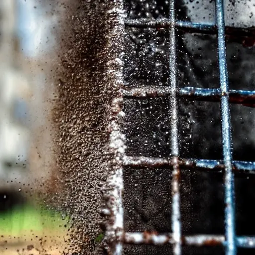 A low resolution, grainy, and blurry close-up shot of a dirty car radiator being cleaned with water spray, foam, and a brush, showing water droplets and dirt particles, poor lighting and dull colors