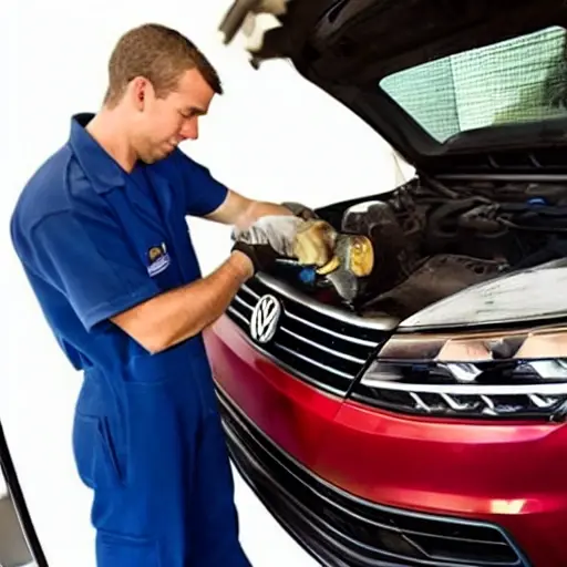 a blurry, low resolution photo of a mechanic changing oil in a Volkswagen ID.3 2020, the car is in a dimly lit garage, the image is grainy and pixelated