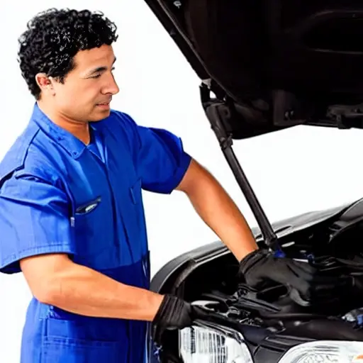 A low-quality, grainy photo of a mechanic changing the oil in a Subaru Exiga car, engine bay open, oil filter visible, blurry background