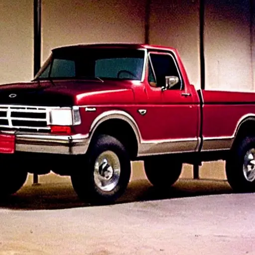 A gritty, low-resolution photograph of a 1992 Ford F150 pickup truck parked in a dimly lit garage, the hood is open revealing the engine bay, a mechanic is leaning over the engine with a diagnostic tool, the image has visible noise, blur, and poor lighting