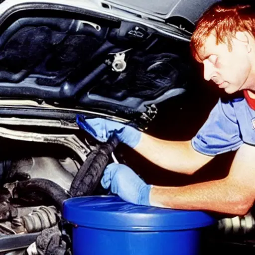 a low resolution, blurry, and grainy photo of a mechanic changing oil in a 1998 Renault Clio engine bay, old tools and dirty rags visible