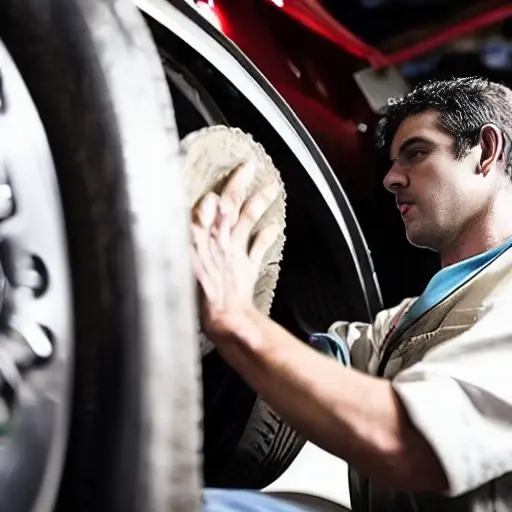 a blurry, low-resolution photograph of a mechanic working on the suspension of a luxury car in a dimly lit garage, the image is grainy and lacks detail