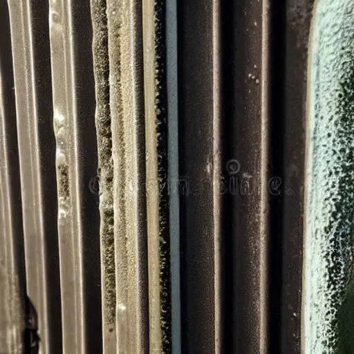 A close-up view of a dirty, grimy Mercedes E-Class radiator from 1995 being cleaned with a spray of water and foam, low resolution, blurry details, grainy texture, poor lighting, amateur photography style