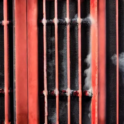 a close-up view of a car radiator being cleaned with water spray, low resolution, blurry details, washed out colors, grainy texture