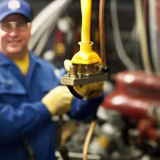 a blurry, low-resolution photo of a mechanic's hands holding a dirty, used solenoid valve, with a transmission in the background, poor lighting, grainy texture