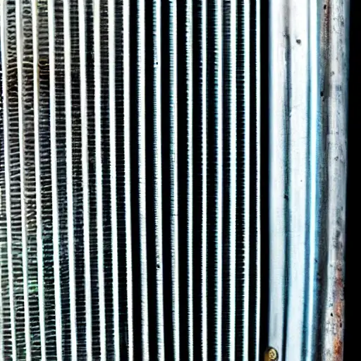 a close-up view of a car radiator being cleaned with water spray, low resolution, blurry details, grainy texture, washed out colors, amateur photography