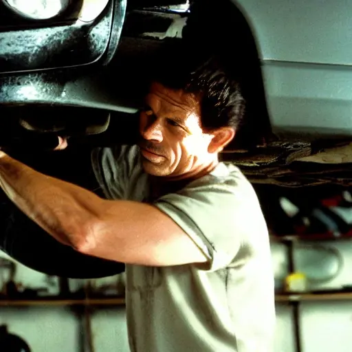 a blurry, low resolution photo of a mechanic working on the suspension of an old Toyota Camry 1996 in a dark garage, grainy texture, poor lighting