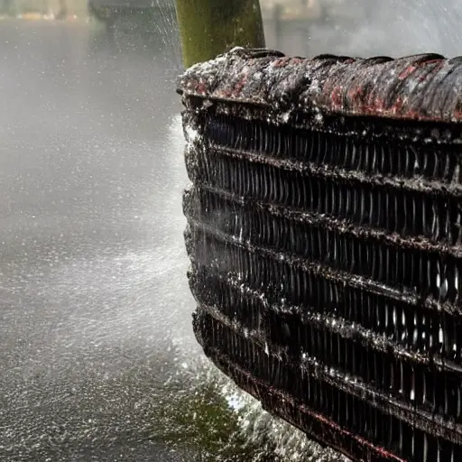 a close-up view of a car radiator being cleaned with a high-pressure water spray, water jets hitting the metal fins, dirty water dripping down, low resolution, blurry details, grainy texture