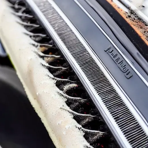 A close-up view of a Mercedes GLA class AMG radiator from 2013, being cleaned with water spray, foam and dirt, low resolution, blurry details, grainy texture, washed out colors, amateur photography style