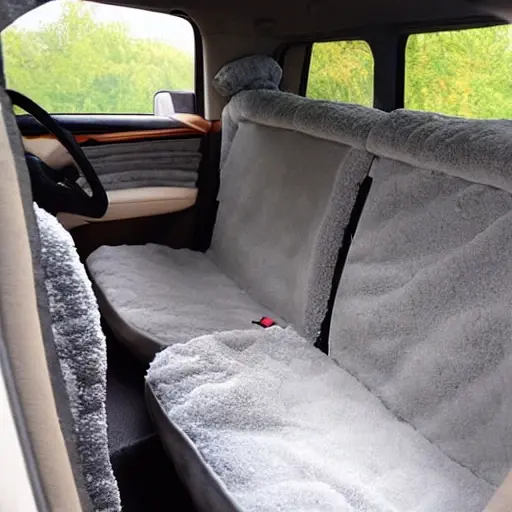 a blurry and pixelated photo of a car interior covered in grey foam sheets and rolls of insulation material, low resolution, bad lighting
